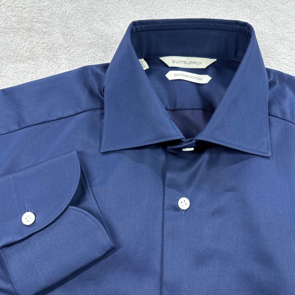 Suitsupply Dress Shirt Mens 15/38 Navy Slim Fit Egyptian Cotton Spread Collar